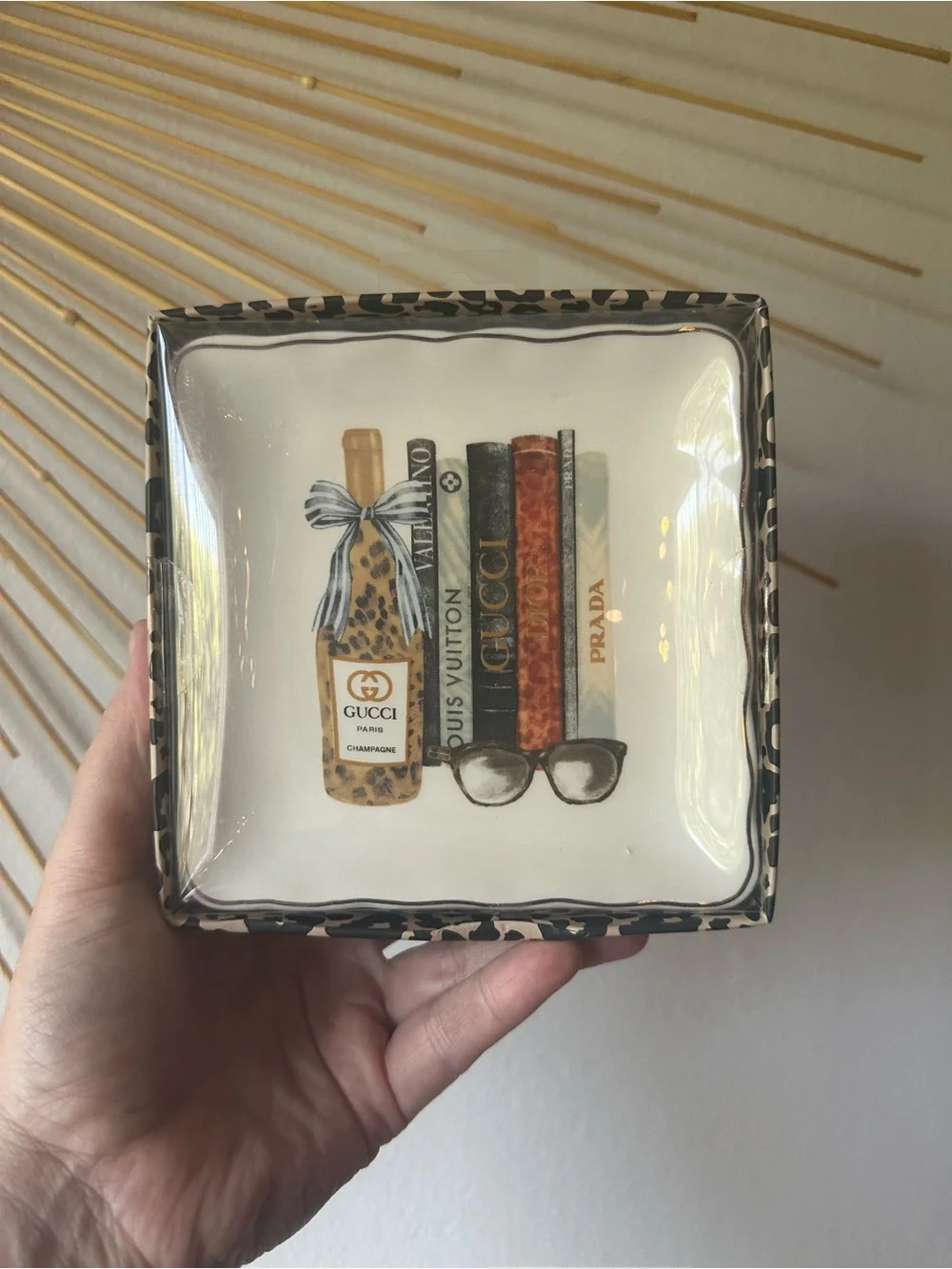Luxury Designer Trinket Dish with Leopard Print Champagne & Luxury Books NWT